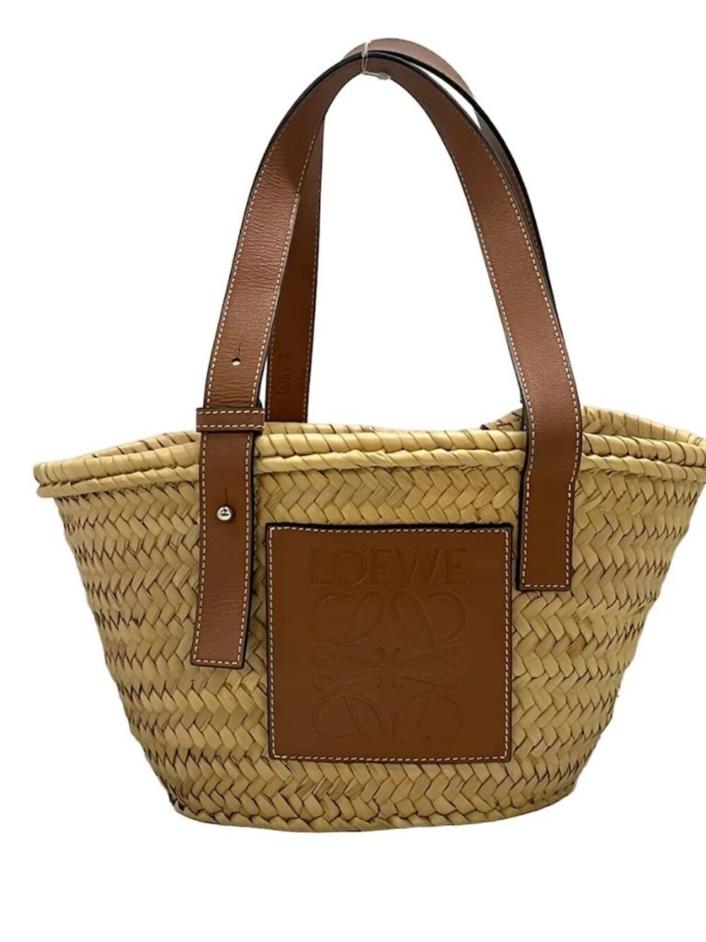 LOEWE Basket Bag Small 327.02.S93 Beige Dark Brown Palm Leaf Calf Skin Tote Bag